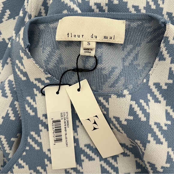 NEW NWT Fleur Du Mal Houndstooth Knit Mini Dress Baby Blue & Ivory - Picture 8 of 10